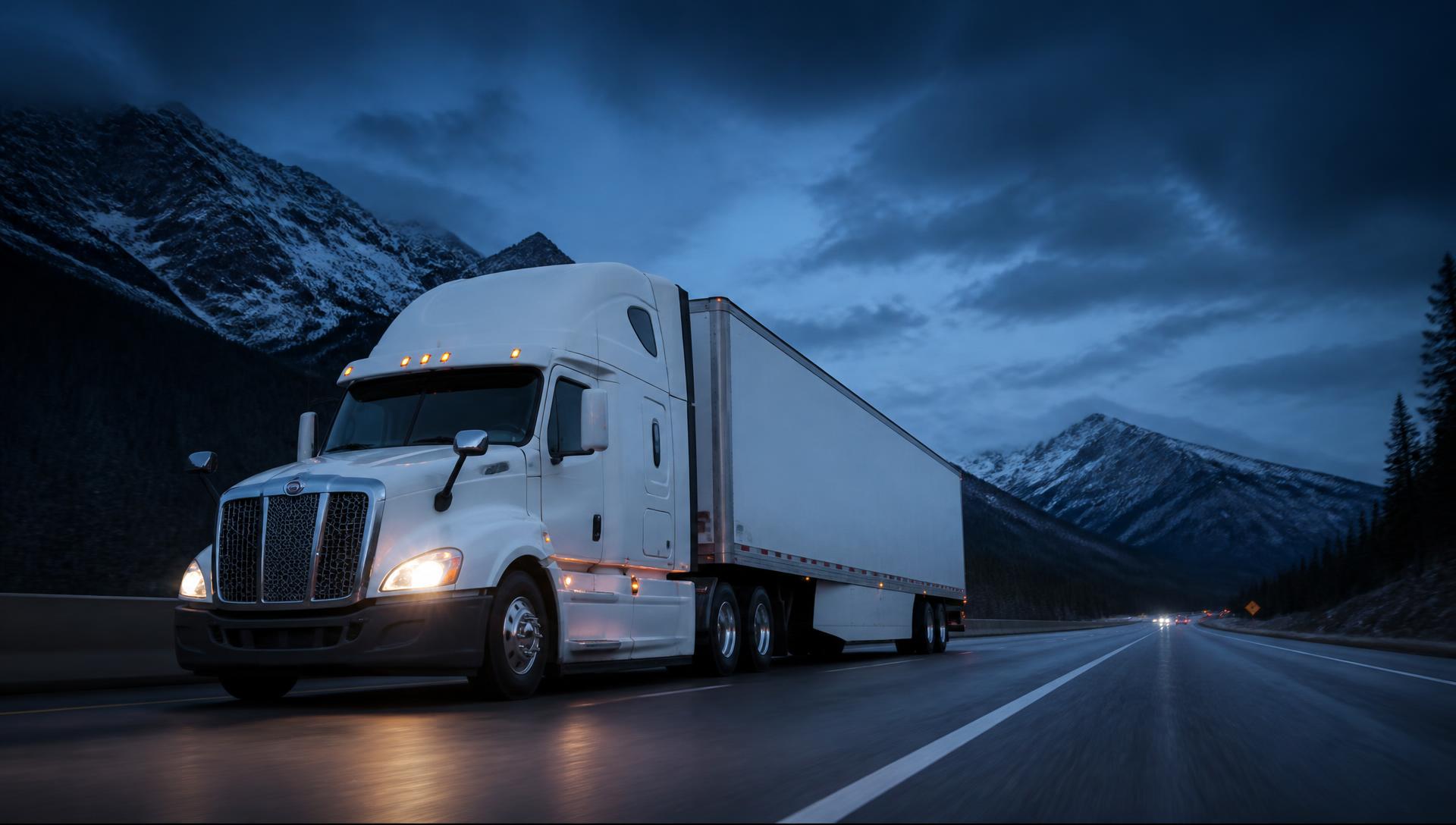 Highway freight truck travelling through British Columbia mountains at dusk